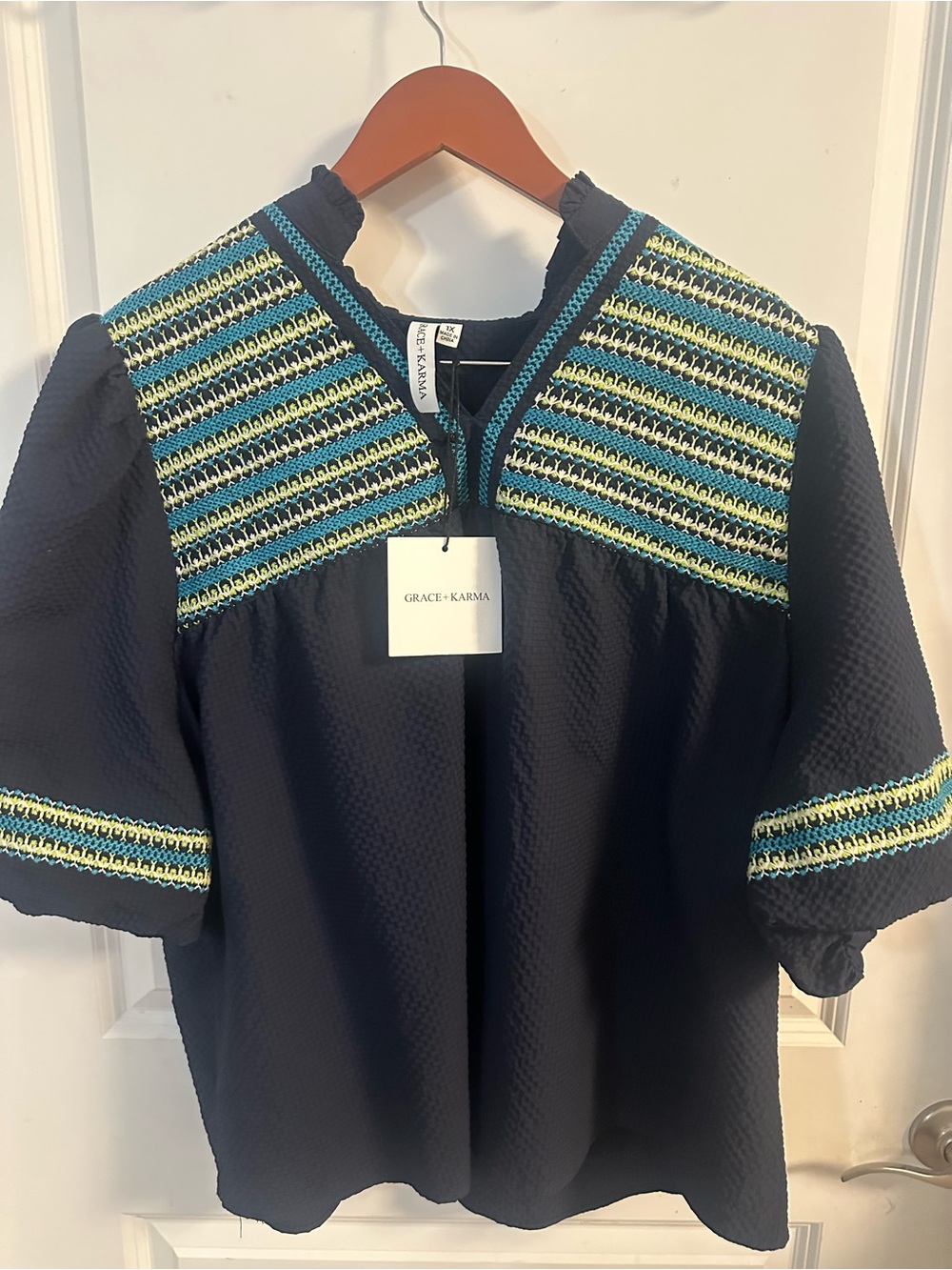 Navy Embroidered Yoke Top